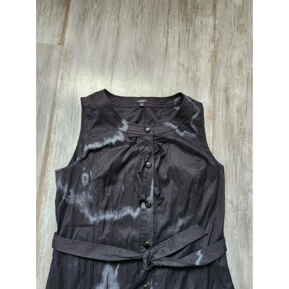 Talbots Womens Black Sleeveless Button-Front Dress Ruffle Marble Dye Sz 12 - Picture 2 of 10